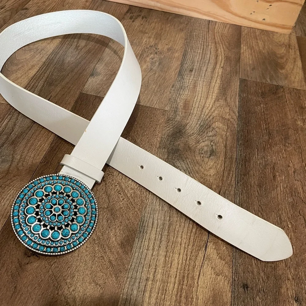 White Women's Belt with Turquoise Medallion Buckle